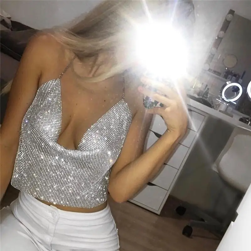 Sexy Women Crop Top Backless Bling Metallic Sequin Shiny Gold Tank Top Vest Rhinestone Night Club Party Chain Deep V Camisole