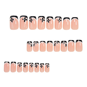 24 Uñas Postizas Negras con Franjas Blancas Francesas y Patrón Floral Chino, Uñas de Cobertura Completa, Puntas de Uñas para Manicura DIY - Product Image 4