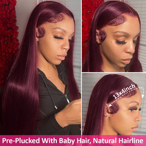 Đỏ Tía ren phía trước tóc giả tóc con người 99j ren phía trước Tóc Giả 13X4 thẳng tóc giả tóc con người Pre ngắt chân tóc mật độ 180 rượu vang đỏ - Product Image 2