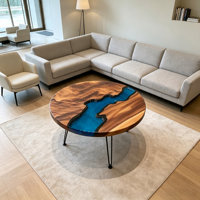 Table basse en bois naturel et résine époxy, plateau bleu incrusté, pieds en métal noir type cheveux de cheval, pour salon, villa, fabriquée au Jiangxi