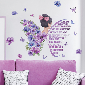 Baby Girl Wall Decals - Purple Flower Butterfly & Moon Cloud Nursery Stickers, 2 Pack (35.4"x11.8")