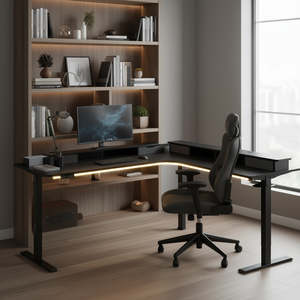 Bureau d'angle en L moderne, électrique, réglable en hauteur, avec bande lumineuse et surface en acier inoxydable pour poste de travail à domicile - Product Image 2