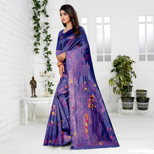 Sari indien traditionnel en soie bleu et violet avec broderies florales Zari, idéal pour les mariages, les fêtes et les festivals, coupe classique pour femme, longueur au sol. - Product Image 1
