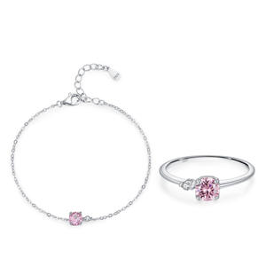 Conjunto de Pulsera y Anillo de Plata de Ley 925 con Circonita Rosa Dulce, Joyería Sencilla, Versátil y Elegante al Estilo Instagram para Mujer - Product Image 1