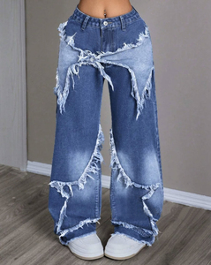 Jean large taille haute personnalisé à franges étoilées, style streetwear, en denim délavé vintage pour <span class=keywords><strong>femme</strong></span> - Product Image 1