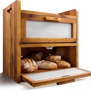 Caja de pan de madera para interiores y exteriores, caja de almacenamiento de aperitivos de gran capacidad de doble capa, caja de almacenamiento de alimentos de madera para cocina y sala de estar - Product Image 1