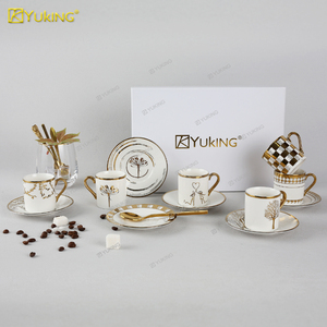 Juego de tazas de café expreso de porcelana con borde dorado de lujo, tazas de café con diseño de patrón de hojas de cerámica para <span class=keywords><strong>Cafe</strong></span> Home (2 piezas) - Product Image 2