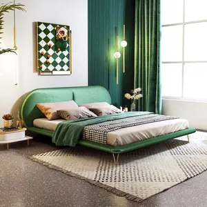 欧式风格特大号现代设计绿色天鹅绒金色铁腿豪华双人床设计