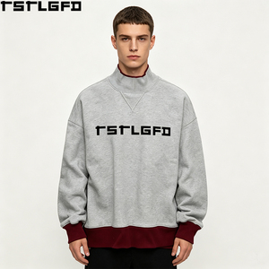Sweat-shirt graphique à col montant pour homme, gris chiné, coupe oversize et carrée, imprimé sur la poitrine, style streetwear, vente en gros - Product Image 1