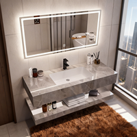 Coiffeuse Murale de Salle de Bain Direct Usine, Moderne, en Marbre, avec Lavabo et Miroir LED Intelligent