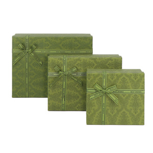 Luxury 3pcs Base And Top Lid Box Retro Dark Green Paper Gift Box Set Packaging With Bow