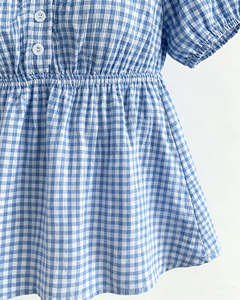 Blue and <b>White</b> Gingham Peplum Women Blouse Square Neck Puff Short Sleeve Button Front Summer Shirt - Product Image 4