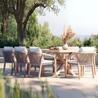 Table de salle à manger d'extérieur en teck pour hôtel, avec tressage en corde, mobilier de jardin, table de salle à manger imperméable et ensemble de chaises empilables