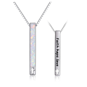 Collar de ópalo de plata esterlina para mujer, collar de barra Vertical de moda, inscripción 'Faith Hope Love' para fiesta de boda de compromiso - Product Image 1