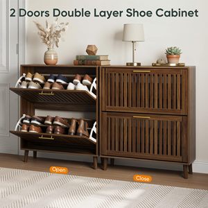 SENYU Modern <b>Wood</b> <b>Shoe</b> Cabinet with Slatted Doors 2 Shelves Space Saving Entryway Storage Furniture Freestanding Midcentury Desi - Product Image 4
