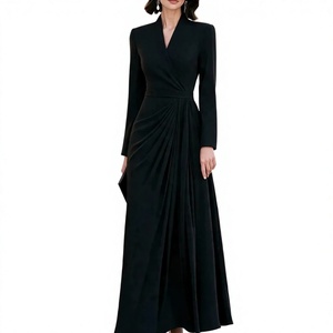 Robe de soirée longue en satin à col en V pour femme, manches longues, coupe modeste, style A-line drapé, motif Paisley écologique - Product Image 1