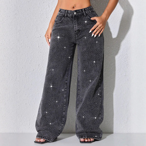 <span class=keywords><strong>Jean</strong></span> en denim délavé à strass <span class=keywords><strong>pour</strong></span> femmes européennes et américaines, <span class=keywords><strong>grande</strong></span> <span class=keywords><strong>taille</strong></span>, <span class=keywords><strong>taille</strong></span> basse, coupe droite ample avec boutons - Product Image 2