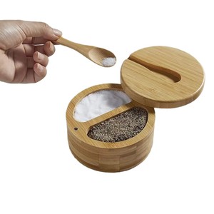 Bamboo Spice <b>Jar</b> With Lid And Spoon 3.9inch Diameter 2.95inch Height Multi Compartment <b>Storage</b> Container <b>For</b> <b>Kitchen</b> Use - Product Image 2