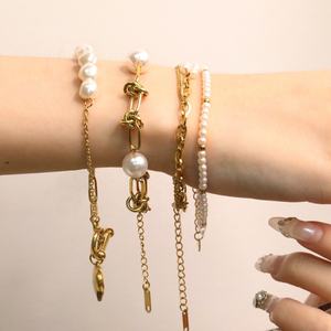 Customizable Wholesale Elegant Layered <b>Gold</b> Plated Pearl <b>Bracelet</b> Oval Link Chain Charm Stainless Steel <b>Beaded</b> <b>Bracelets</b> Women - Product Image 3