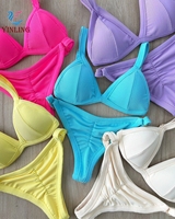 Ensemble bikini string jaune uni pour femme, haut triangle froncé à nouer dans le dos, bas string à nouer sur le côté, maillot de bain deux pièces en Spandex/Nylon