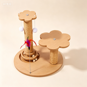 Maison à gratter pour chat de luxe moderne, double poteau en forme de fleur, construction en bois massif et balles interactives - Product Image 3
