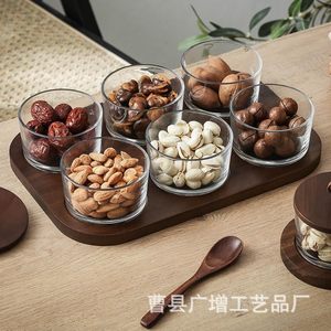 Plateau de service en bois avec bocaux en verre et couvercles, plateau à compartiments multiples pour les en-cas et le thé - Product Image 2