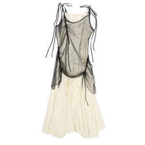 Conjunto de Vestido de 2 Piezas para Mujer, Negro, con Cordón Ajustable, Malla Fruncida, Top Camisero sin Mangas con Tirantes Finos, Vestido Midi Satinado con Corte Acampanado - Product Image 1