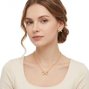 Conjunto de Joyería de Lujo con Lazo de Circonitas Baguette, Chapado en Oro de 18K, Collar de Cinta y Pendientes de Botón, Regalo Nupcial para Boda, Tendencia 2026, Venta al por Mayor - Product Image 4