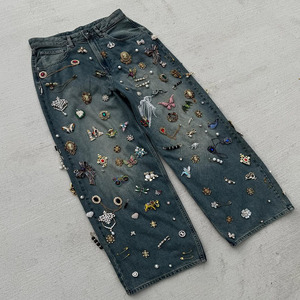 맞춤형 남성용 스트레이트 캐주얼 청바지, 라이트 워시 니트 데님, 봄용 다이아몬드 자수 - Product Image 2