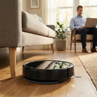 Aspirateur robot avec filtre HEPA, recharge automatique, assistant vocal, fonction de dessin, construction en plastique pour usage en garage