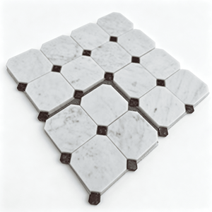 Mosaïque de marbre blanc Carrara octogonal 300x300mm, dos en filet, avec copeaux de marbre brun rouge pour salle de bain, cuisine et intérieur. - Product Image 2