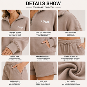 Ensemble short et sweat-shirt demi-zip en molleton de coton OEKO-TEX pour femme, fabrication OEM, logo personnalisé, marque privée, faible MOQ, vente en gros - Product Image 3
