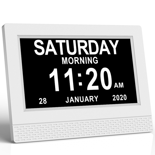 Digital Calendar Day Clock 7" Alarms Non-Abbreviations Day & Month Electronic Dementia Alzheimer Vision Impaired Memory Loss