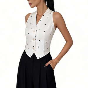 Chaleco Corto con Estampado de Corazones para Mujer, sin Mangas, Cuello en V, con Botones, Estilo Casual - Product Image 4