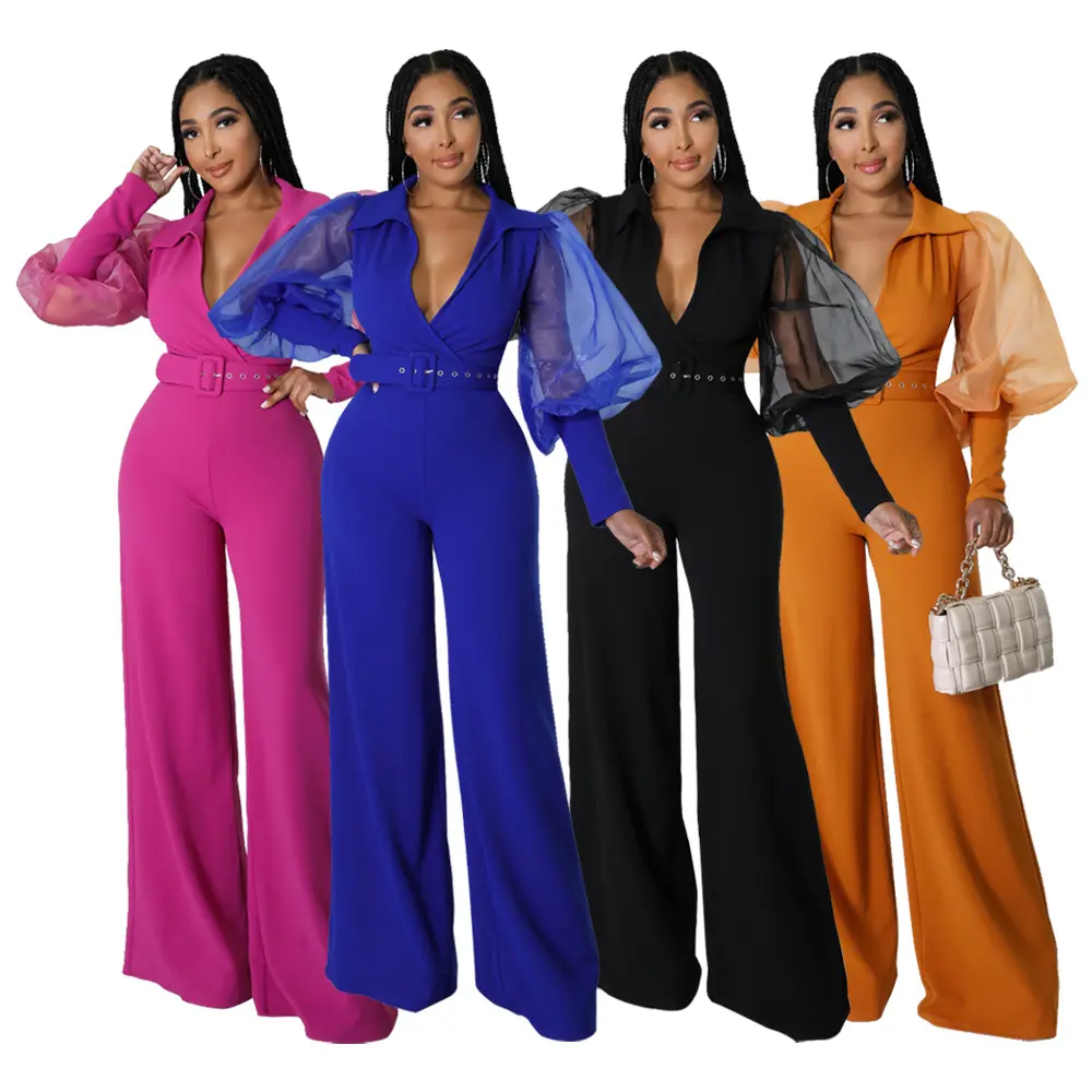 Herfst V-Hals Mesh Poff Mouw Dames Jumpsuits Temperament Persoonlijkheid Losse Flare Eendelig Jumpsuit Voor Dames