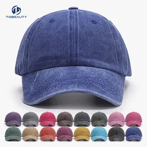 Klasik özel Logo yıkanmış yumuşak üst Vintage sıkıntılı baba şapkası ayarlanabilir Denim düz özel beyzbol şapkası erkekler kadınlar için