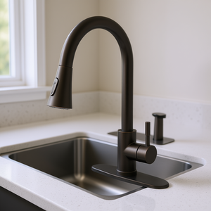 Robinet mélangeur d'évier de cuisine DB, finition bronze, double poignée, douchette extractible, montage sur plan, fonction eau chaude et froide - Product Image 2