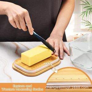 Mantequillera rectangular hermética con tapa abatible, base de bambú natural, vidrio grueso para almacenamiento en la encimera de la cocina. - Product Image 3