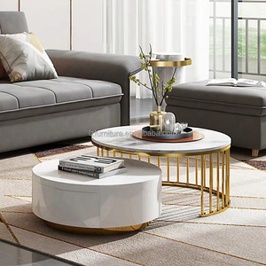 Luxury Round <b>Nesting</b> <b>Coffee</b> <b>Table</b> <b>Set</b> of 2 Sintered Stone Top Gold Stainless Steel Frame with Storage Drawer For Living Room - Product Image 1