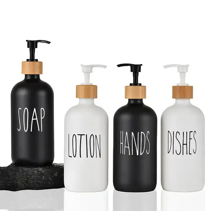 Rỗng Trắng & Đen Refillable Glass Boston Lotion tay xà phòng Dispenser chai với bơm tre