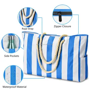 定制防水口袋标志2024拉链超大夏季女性帆布条纹沙滩手提包，带长而柔软的肩带