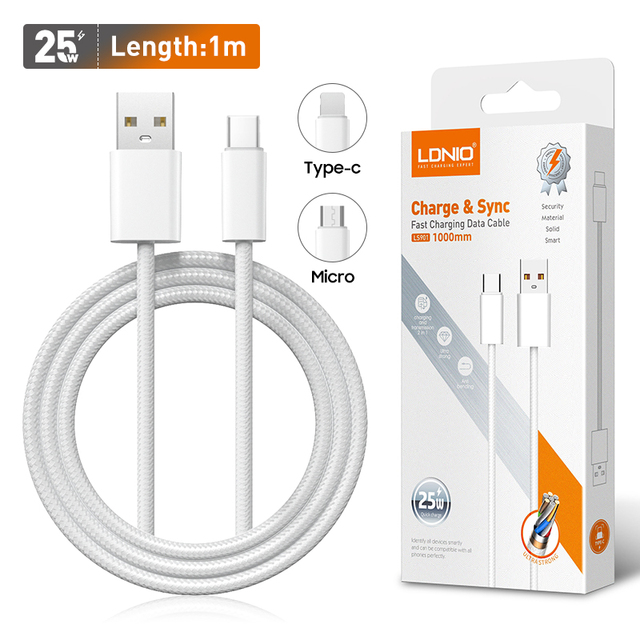 LDNIO in Stock LS901 25W Braided Wire Micro USB Type C 1M USB Type-C Cable for iPhone Fast Charging Date Cable