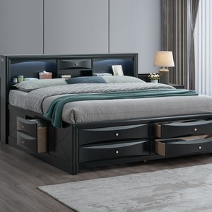 Cama doble negra con almacenamiento, cajones en la cabecera y compartimentos integrados para adultos y personas mayores - Product Image 1