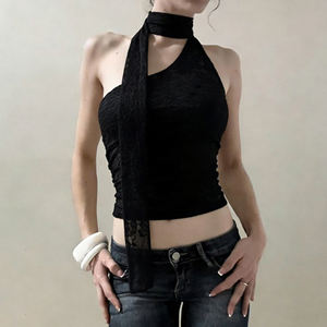 Camisola de Verano al por Mayor para Mujer, Estilo Y2K, Dulce, con un Hombro Descubierto, Halter, Encaje, Sin Espalda, Ajustada - Product Image 4