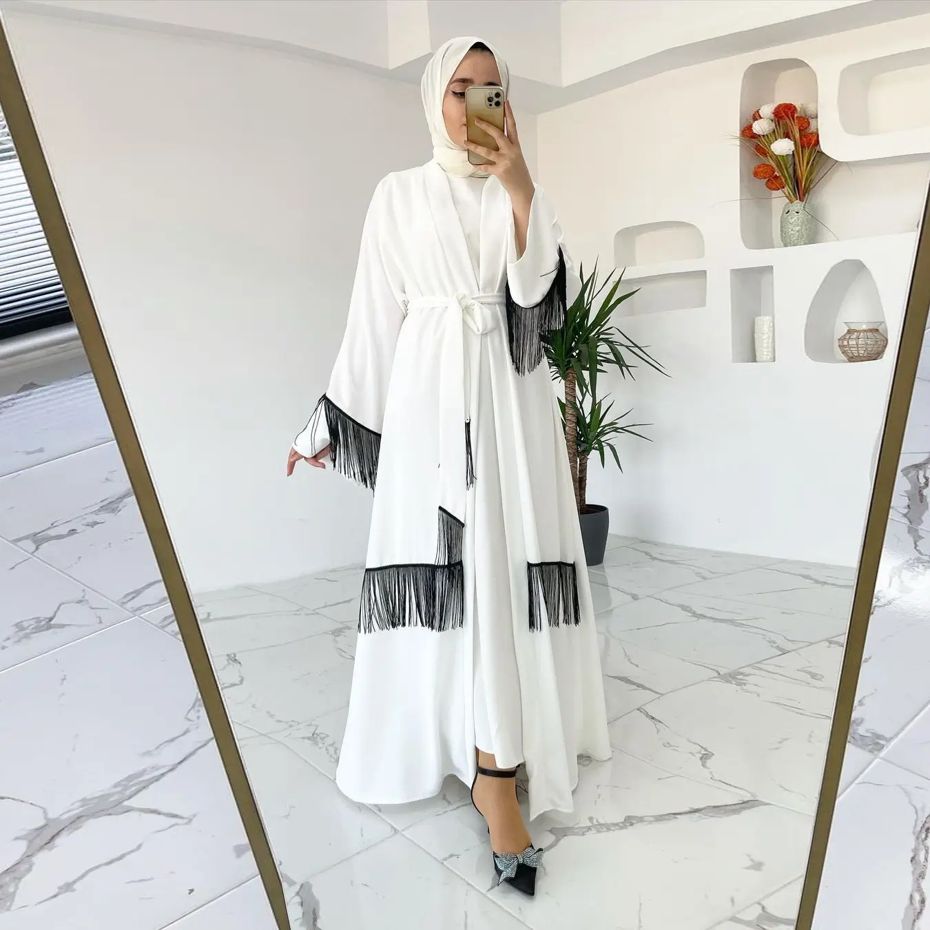 Ramadan Eid Mubarek Open Kimono Abaya Saudi Arabia Moslim 2 Prijzen Vrouwen Kwast Abaya Djellaba Kebaya Robe Femme Musulmane