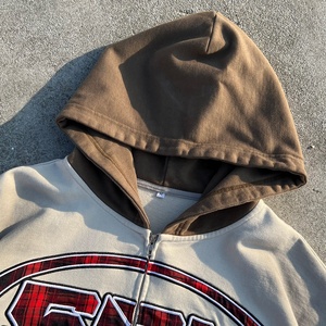 เสื้อฮู้ดซิปเฟรนช์เทอร์รี่สำหรับผู้ชาย ผ้าฝ้ายหนานุ่ม ทรงโอเวอร์ไซส์ แบบครอป สตรีทแวร์ ปักลาย ล้างสีแบบแอซิดวอช - Product Image 4