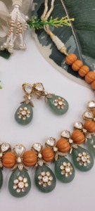 Neelmani Jewels Ethnic Bridal Wedding Statement Set Features Handcrafted Polki Diamonds Orange Flower-Shaped Beads Green - Product Image 3