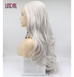 Línea de cabello prearrancada con ondas Boby de Color plateado con cabello de bebé, pelucas onduladas delanteras de encaje gris sintético respetuosas con el calor de encaje transparente - Product Image 3