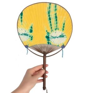 2023 Chinese Style Embroidery Round Hand Fan with Bamboo Handle Blue <b>Tie</b>-Dye Fabric Classical Folk Art Design - Product Image 1