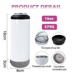 16Oz Stainless Steel Sublimation 4-In-1 Bluetooth Speaker Music Cup Dual Lid Beer Insulated Can Cooler With <b>USB</b> Charging <b>Plug</b> - Product Image 3